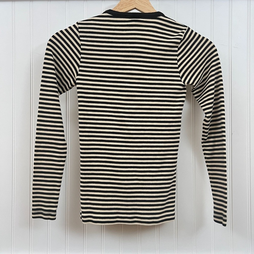 Marimekko Kioski Black Cream Striped Long Sleeve Shirt Top Flower Logo Girl's - Picture 3 of 5